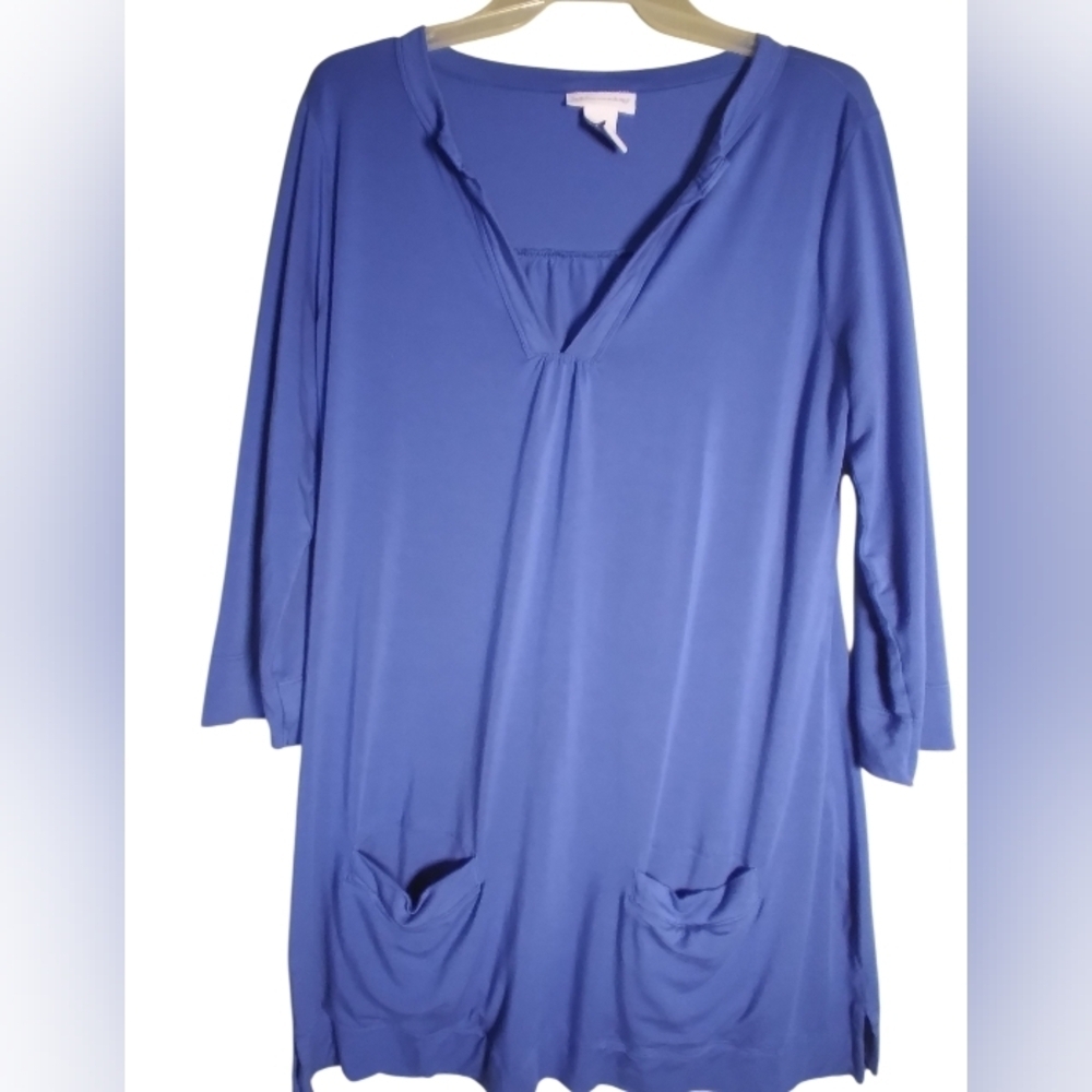 Soft Surroundings Blue Flowy T Shirt Dress Stretchy Size S Pockets V Neck Cozy